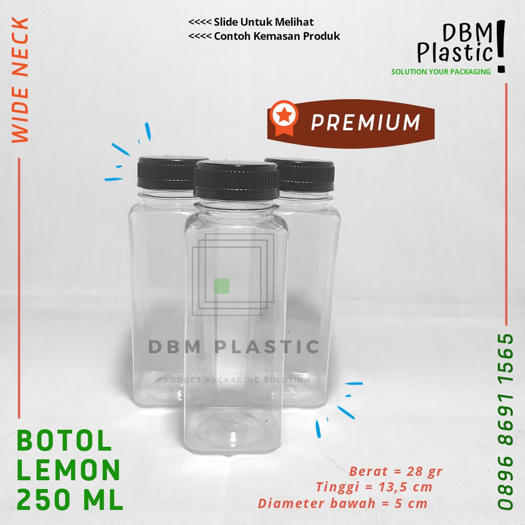 (Min.10Pcs) Botol Plastik Lemon 250ml TEBAL . Botol PET Lemon 250 ml TEBAL . Botol Kotak 250 ml
