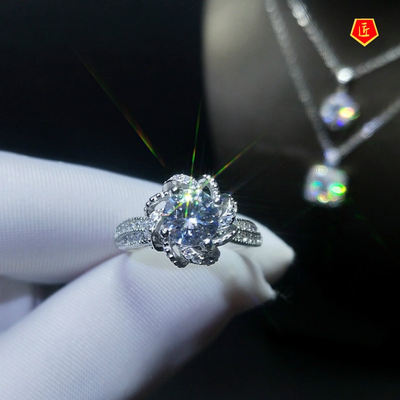 [Ready Stock]1 Karat Luxury Inlaid Moissanite Diamond Rose Ring Pt950 Platinum