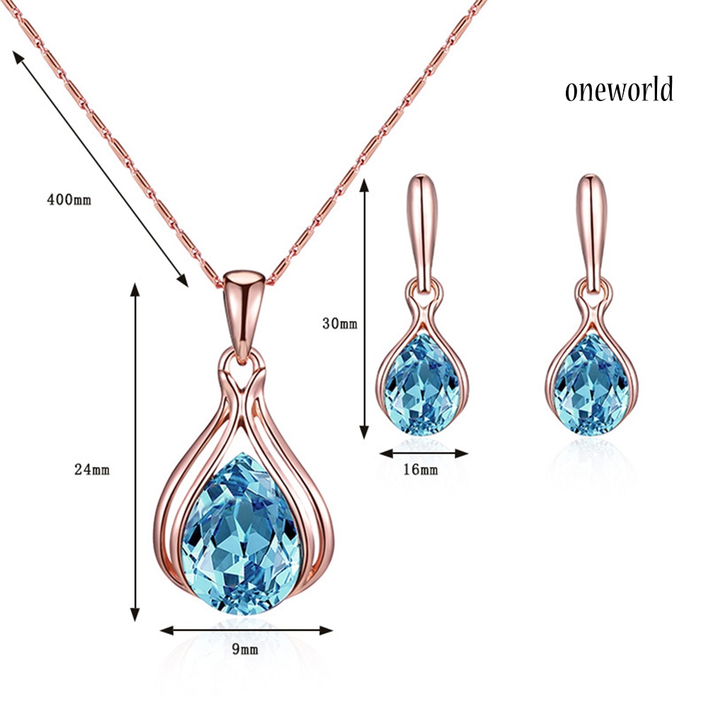 OW@ Women Water Drop Shape Rhinestone Pendant Necklace Ear Stud Earrings Jewelry Set