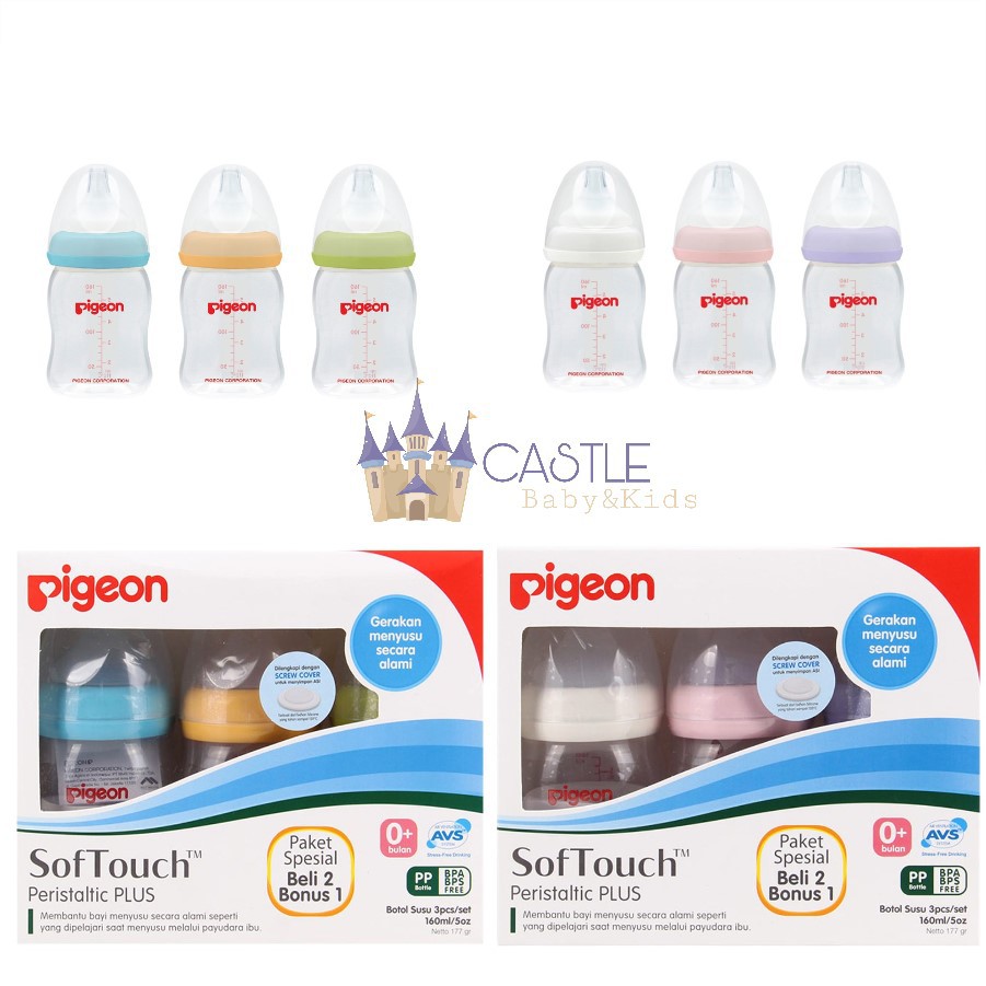 ORIGINAL !!! Pigeon SofTouch Peristaltic Plus PP Wide Neck Bottle Set 3 Pcs 0+ Bulan 160ml 240ml