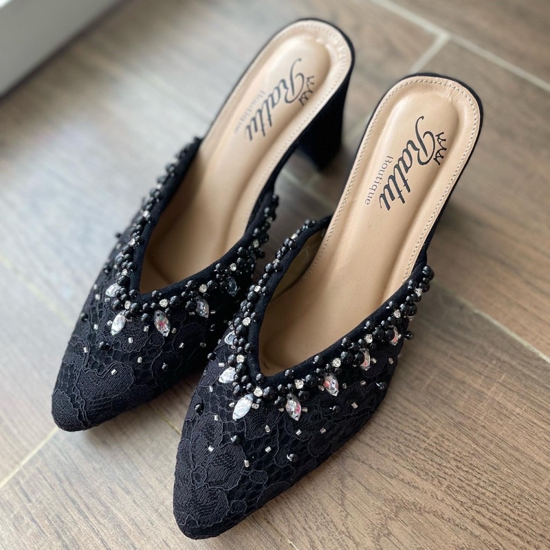 Termurah!!!! COD Heels 7cm brukat payet mewah ricis hitam / wedding shoes / sepatu pengantin hitam / sepatu wisuda / sepatu seserahan