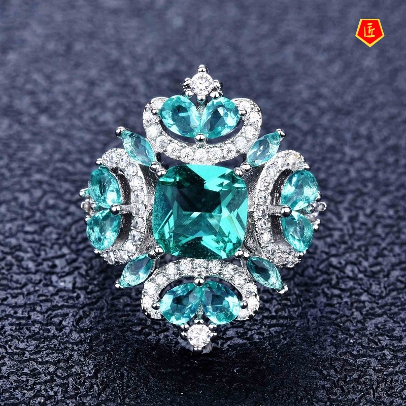 [Ready Stock]Elegant Micro-Inlaid Full Diamond Natural Palaiba Green Rhinestone Ring