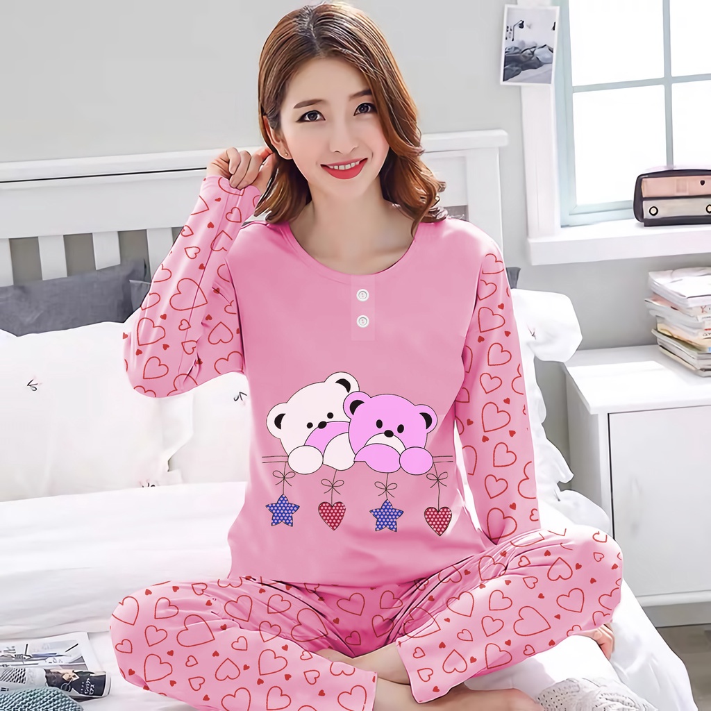 Lilipop.id  Baju Tidur Wanita Twin Bear Celana Panjang PP Allsize Lengan Panjang Baby Doll Bahan Kaos Dewasa