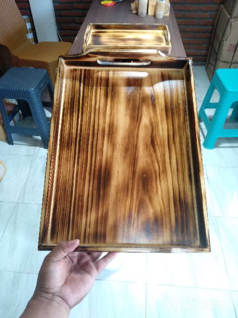 Baki Kayu / Nampan Kayu / Tray Kayu Pinus Motif Bakaran 40 x 30