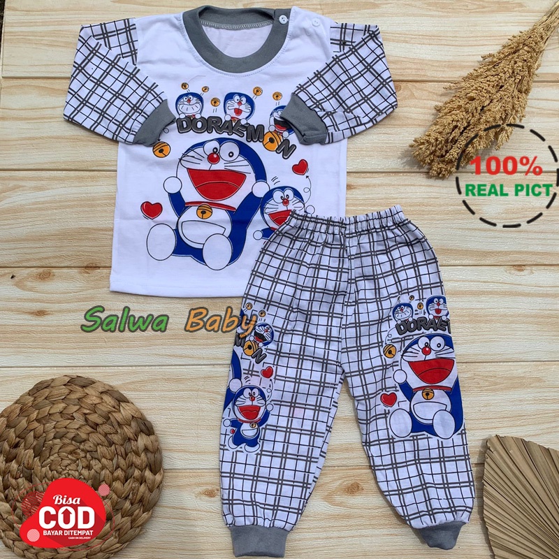 Setelan baju Tidur Bayi Lengan Panjang  Piyama Anaka Usia 6-12 Bulan Karakter Doraemon Almeera Baby