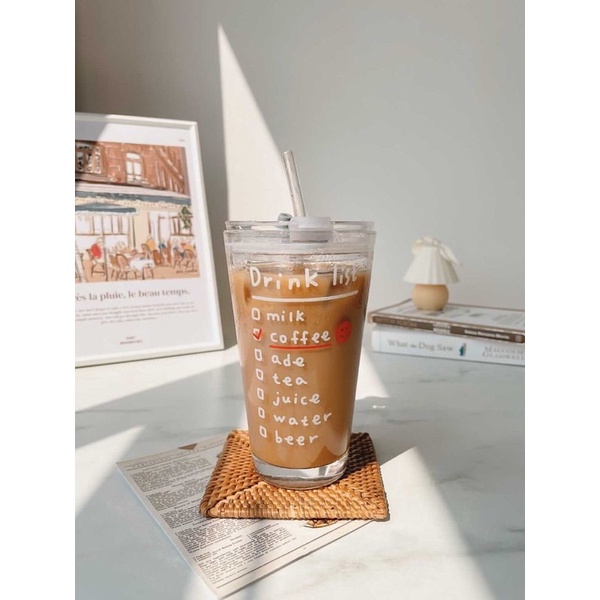 Coffee Tumbrl Glass | LA COULEUR Typography Text Glass Cup with Lid Transparent / Gelas Transaparan dengan Tutup Teks Tulisan Ilustrasi Korea Jepang Bottle Botol Air Aesthetic GELAS MUG KACA / GELAS TUMBLER / gelas  gelas lucu gelas unik tumbler coffee-4