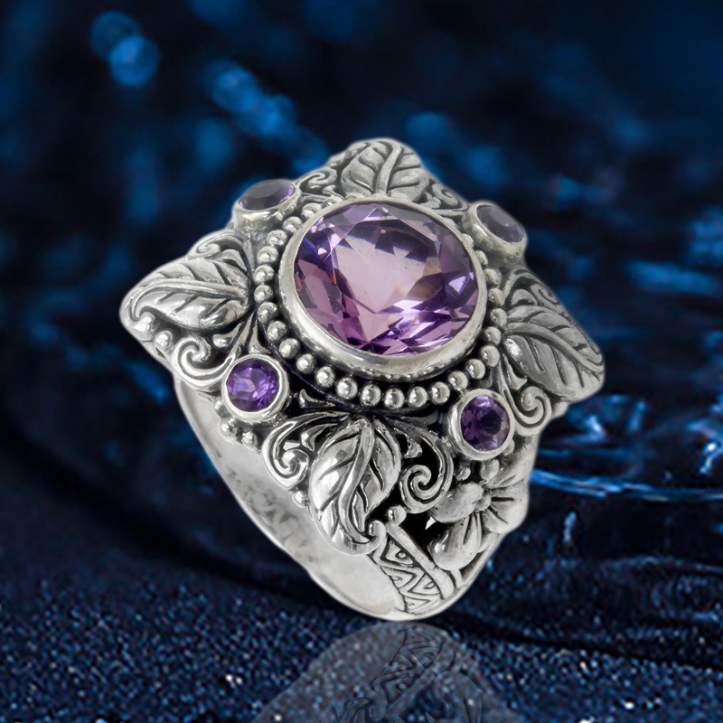 Cincin Meditasi Desain Bunga Amethyst Warna Silver