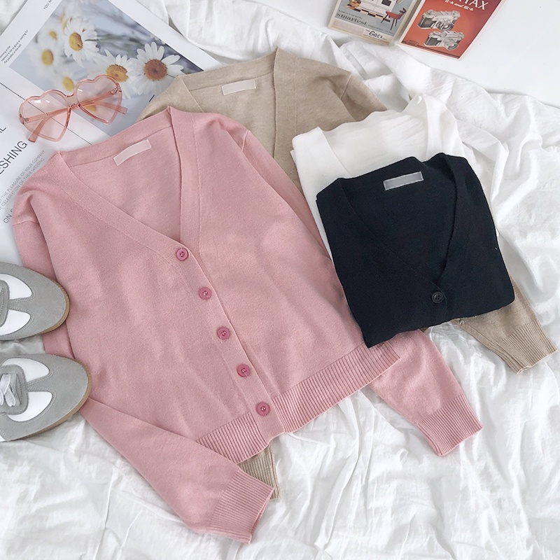 Super pink dan girly retro V-neck kancing tipis bagian tipis dan bagian tipis kardigan rajutan yang cocok untuk semua