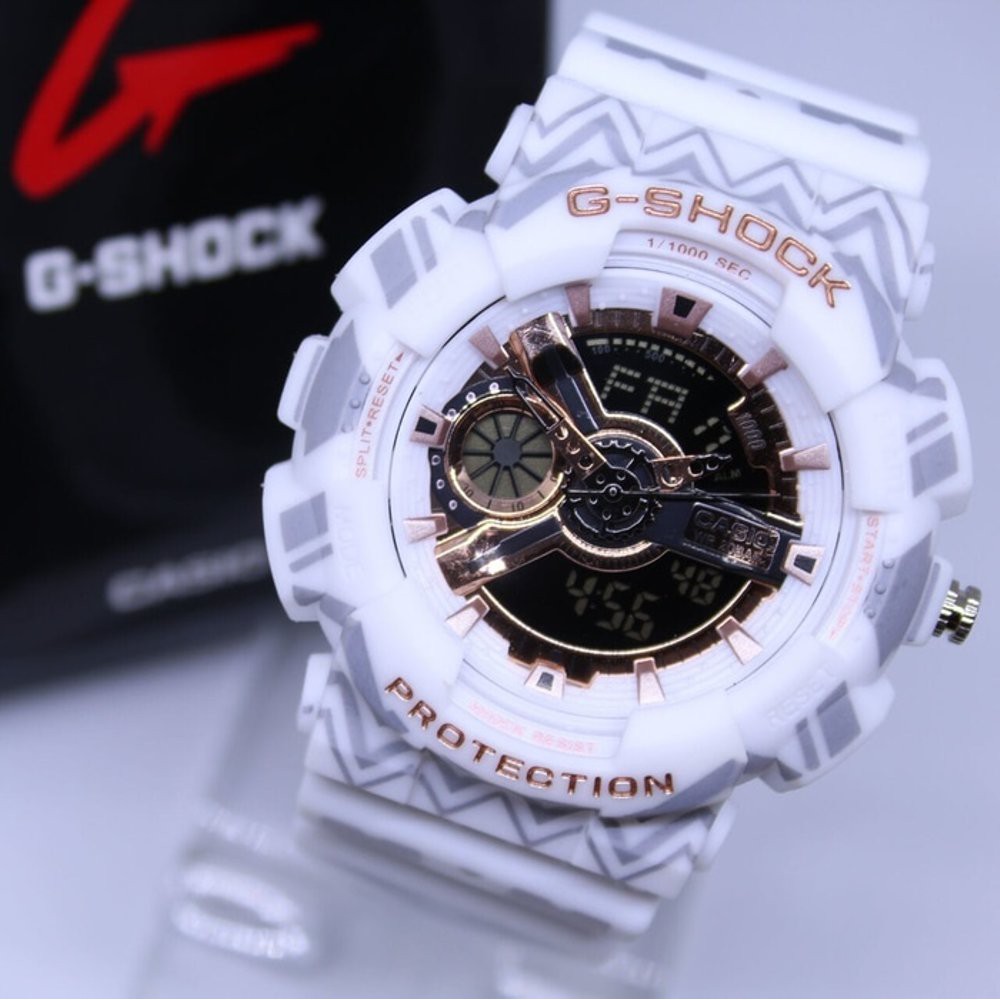 JAM TANGAN PRIA G SHOCK GA 110 ANTI AIR MOTIF WHITE LIST ROSEGOLD