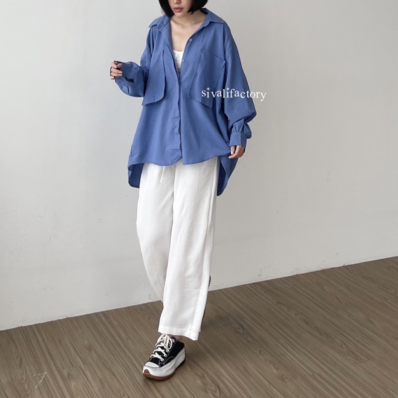 Ghea Shirt Baju Kemeja Oversize Linen Shirt Pocket Atasan Jumbo Wanita