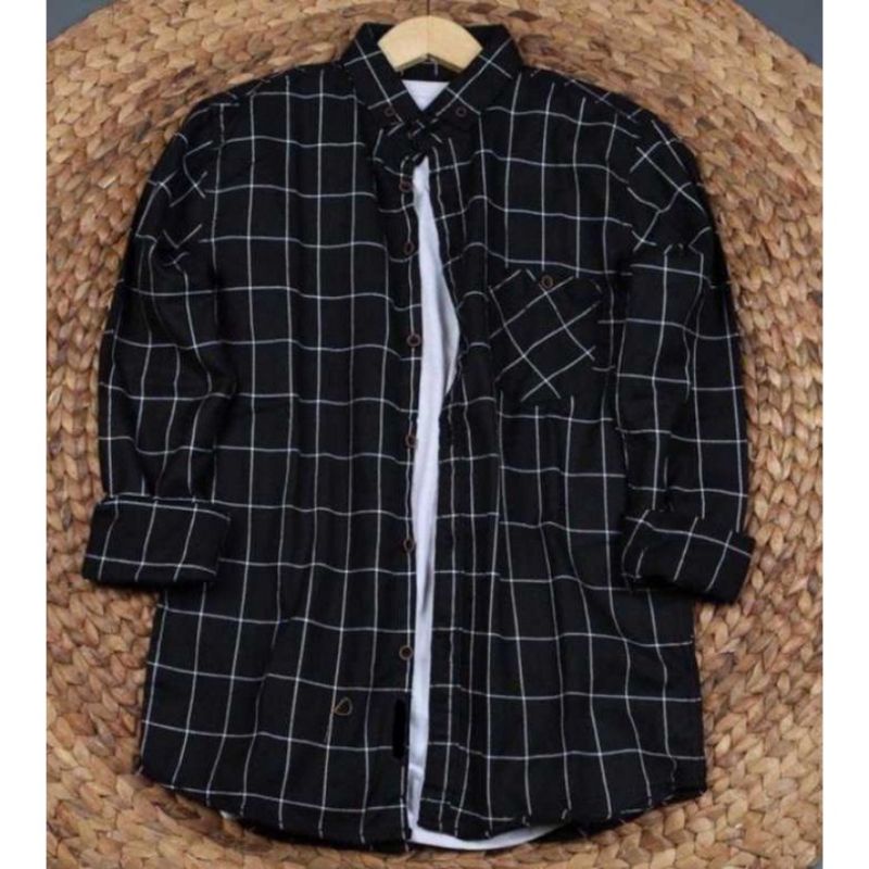 Kemeja flanel pria unisek flanel wanita panjang kotak-kotak kualitas impor bisa pilih motif-Hitam Garis putih