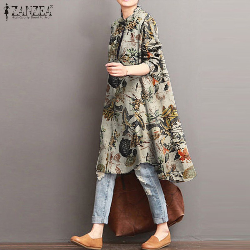 ZANZEA Women Buttons O Neck Long Sleeve Floral Print Long Blouse