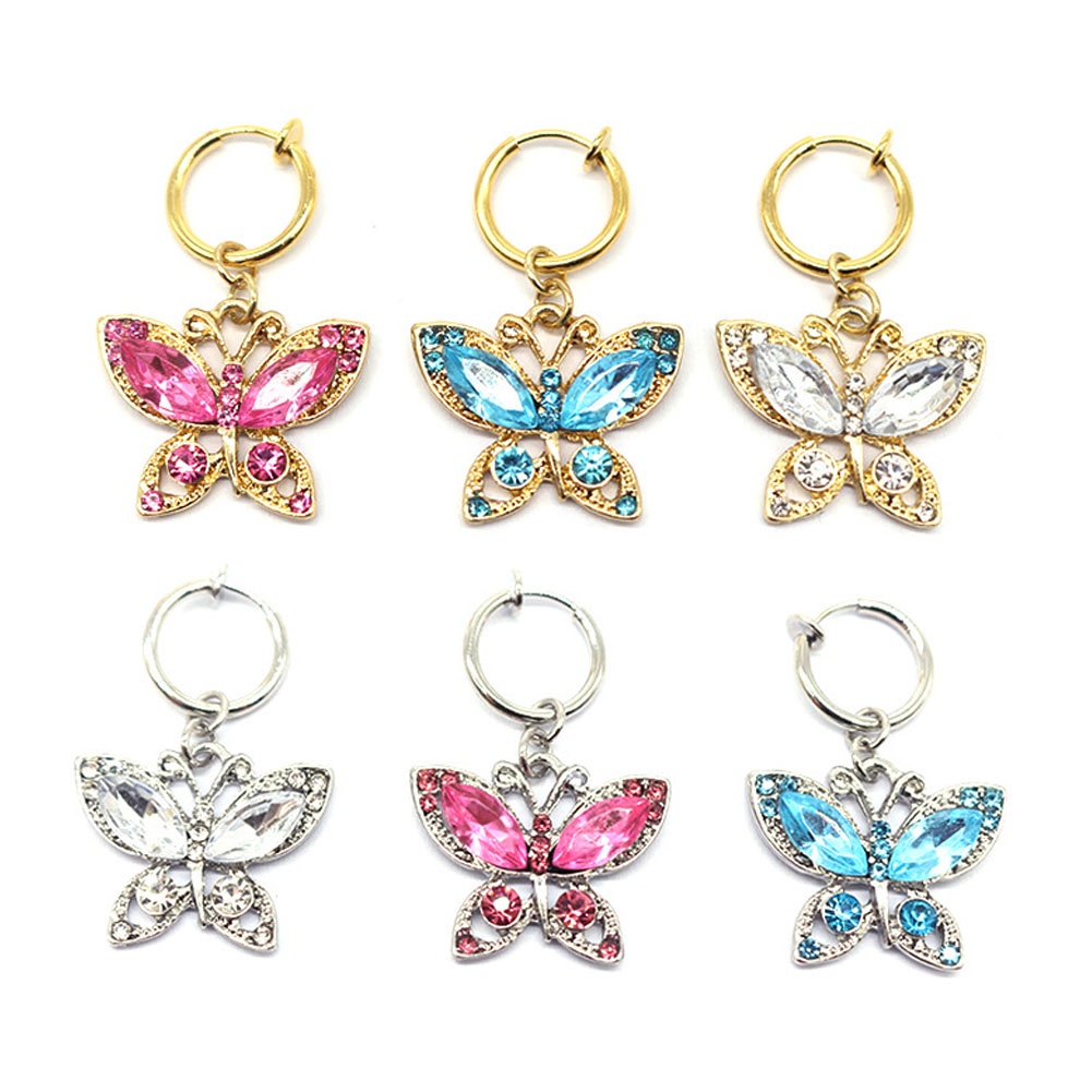 Anting Stud Desain Kupu-Kupu Aksen Kristal Warna-Warni Untuk Wanita