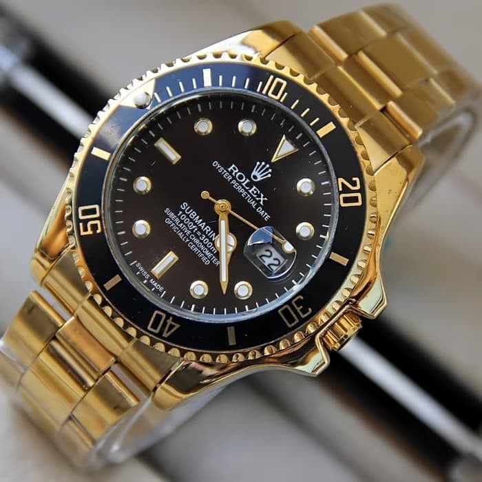 Jam Tangan Rolex Pria Tanggal Aktif Free Box - Gold plat Hitam