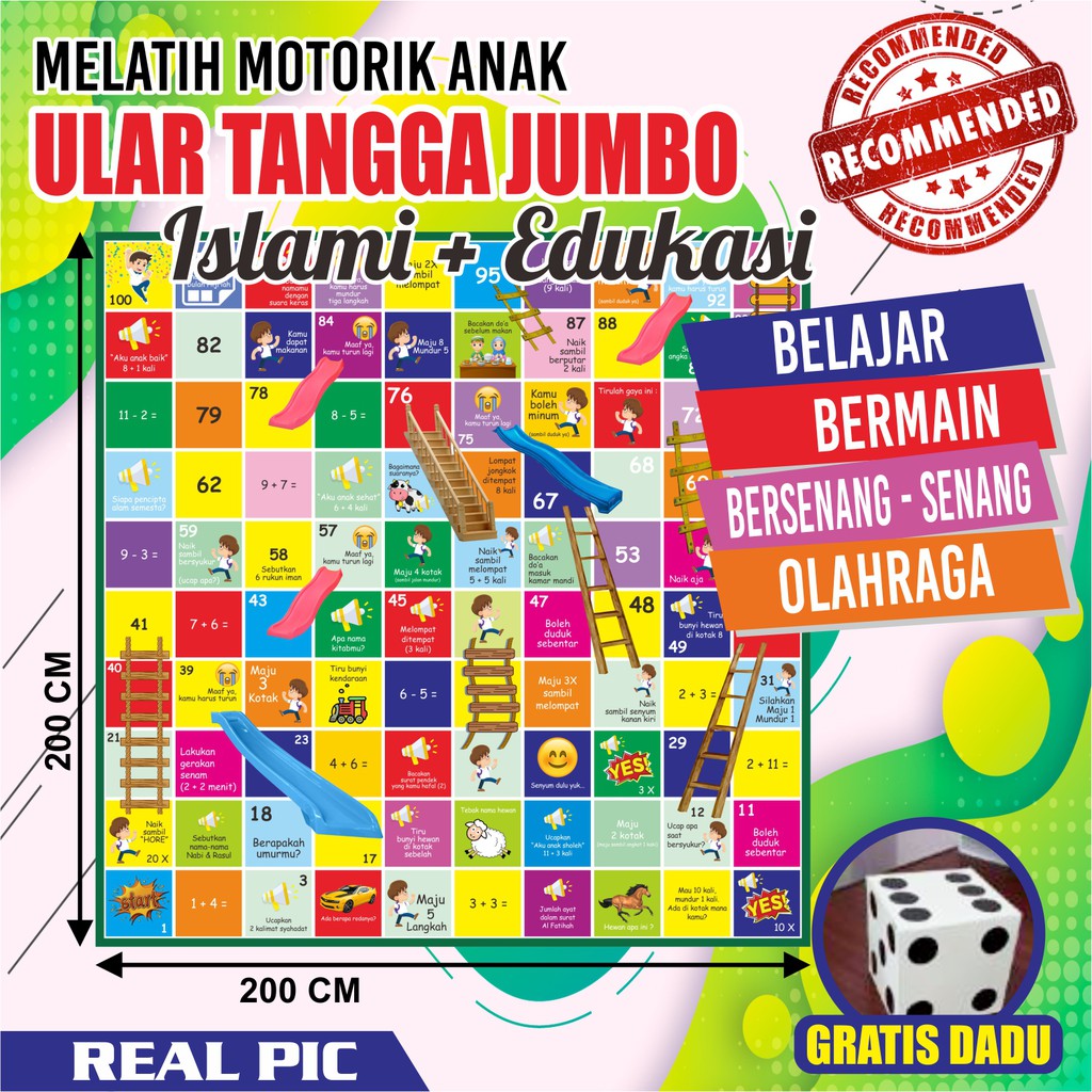 ULAR TANGGA 2x2M JUMBO RAKSASA MAINAN EDUKASI ANAK ISLAMI bonus dadu karton mainan acara ultah