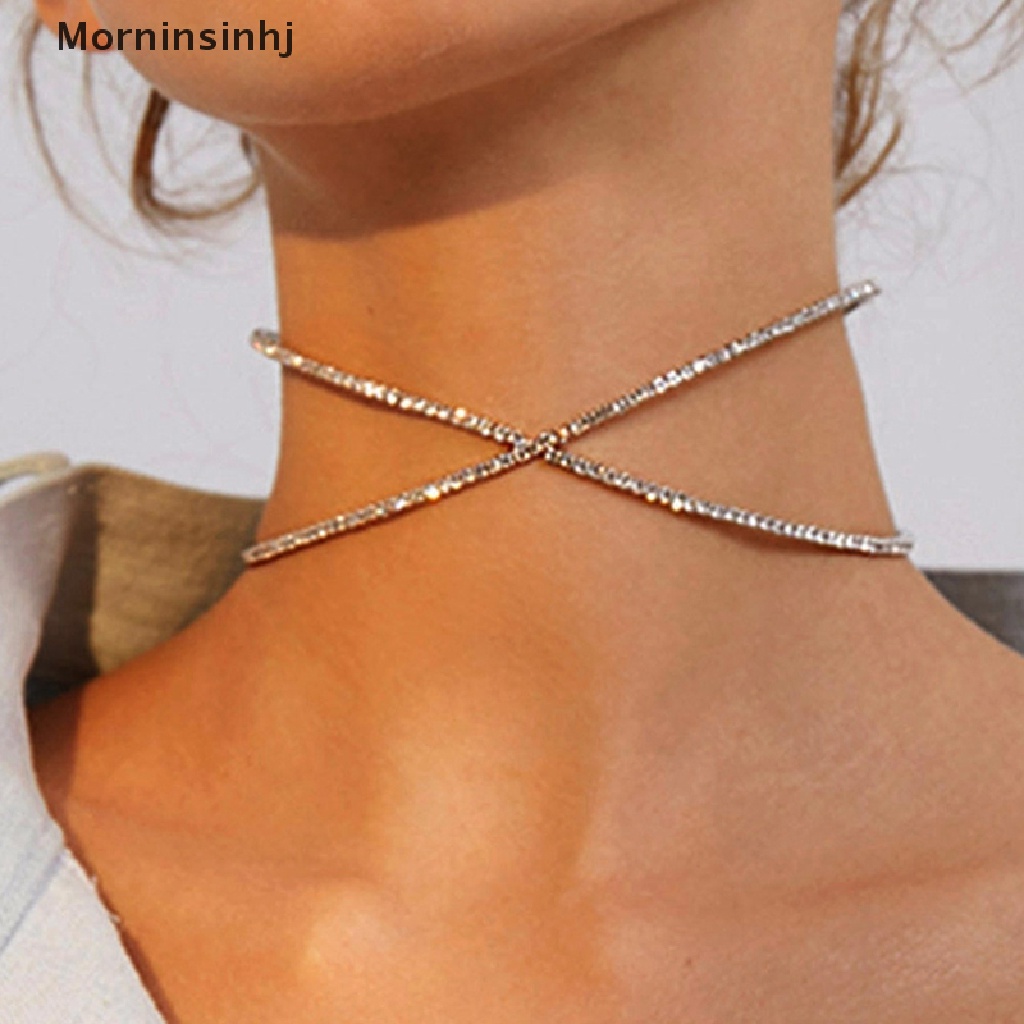 Mornin Kalung Choker Terbuka Adjustable Gaya Punk Motif Geometri Aksen Kristal Untuk Perhiasan Wanita