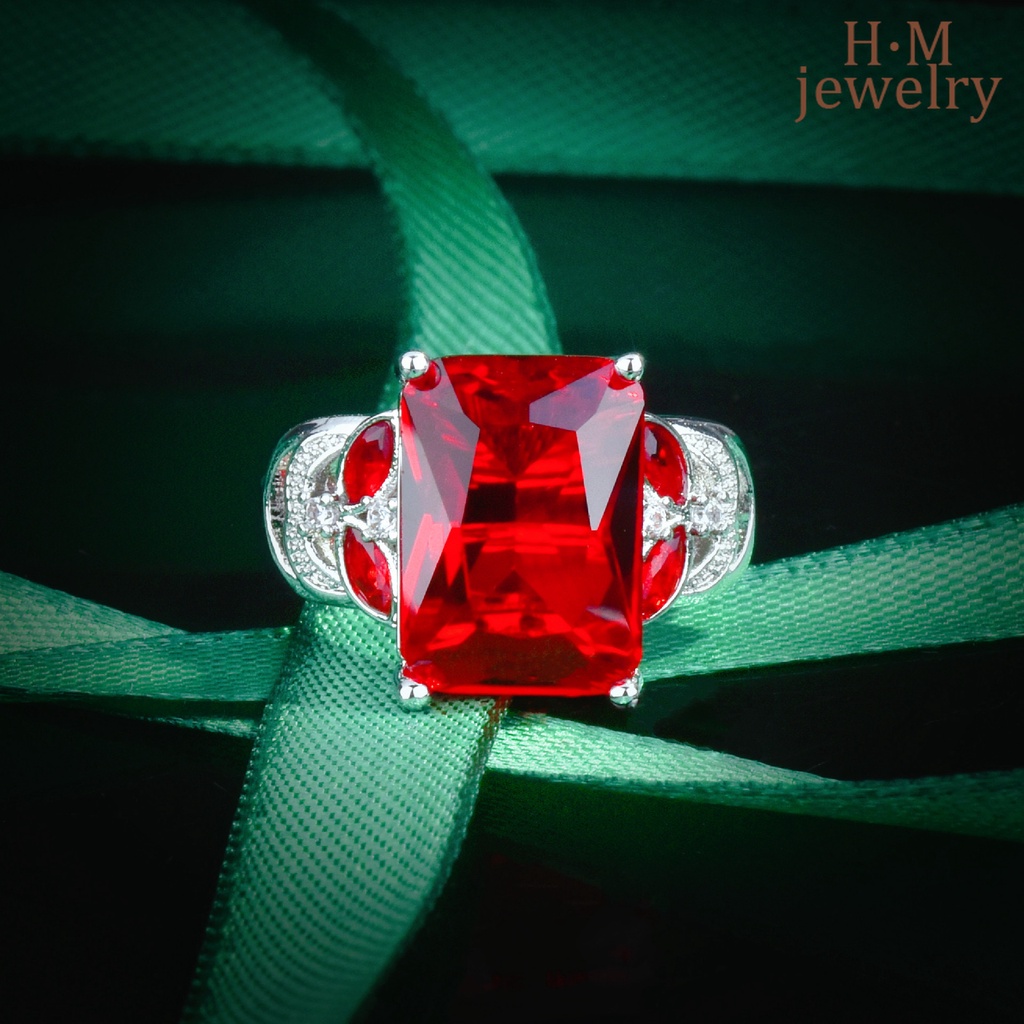 Cincin Berlian Ruby Merah Bentuk Kotak