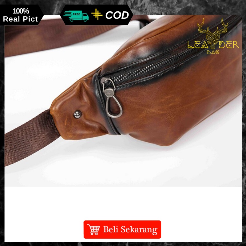 Waist Bag Kulit Pria Original Model Terbaru Warna Coklat Atau Tas Selempang Cowok Distro Import A09