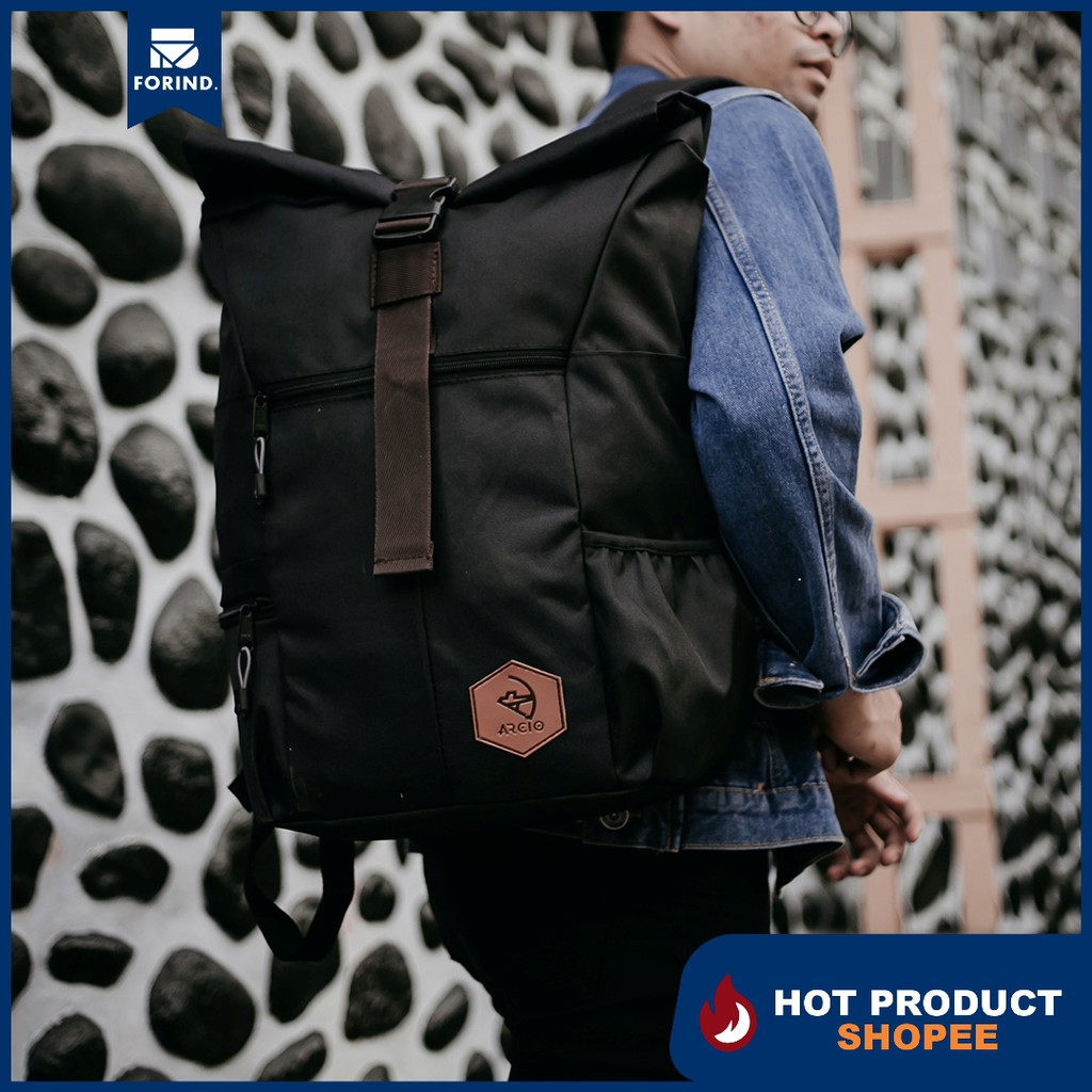 Theo Black | Tas Ransel Hitam Gulung Roll Top Gunung Outdoor Pria Wanita Ori Backpack | FORIND Arcio