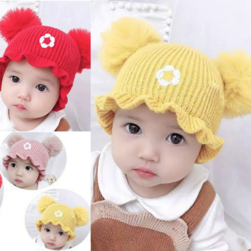 Kupluk bayi Bordir Nama / topi bayi perempuan pompom model bunga