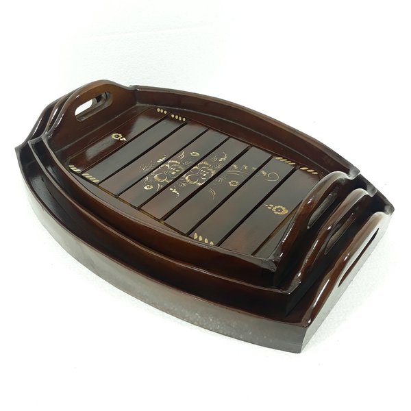 Nampan Baki 1 Set Isi 3 Ukuran Bentuk Oval Bahan Kayu Jati Ukir Cukit