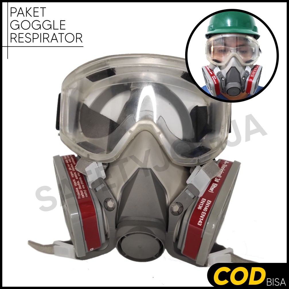 PAKET MASKER RESPIRATOR GAS MASK 6200 DAN GOOGLE SAFETY CLEAR