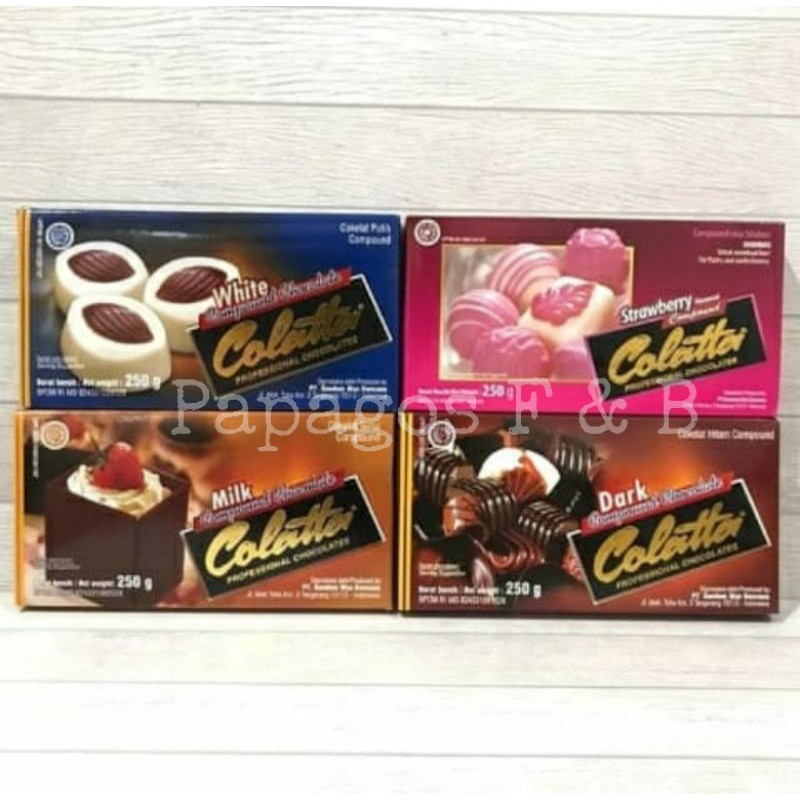 

Coklat batangan Colatta white / milk / strawberry / dark compound 250