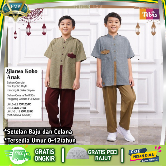 NEW Baju Koko Anak Laki-laki Muslim Terbaru 2021 Nibras Koko anak Bianca - Grey, 0