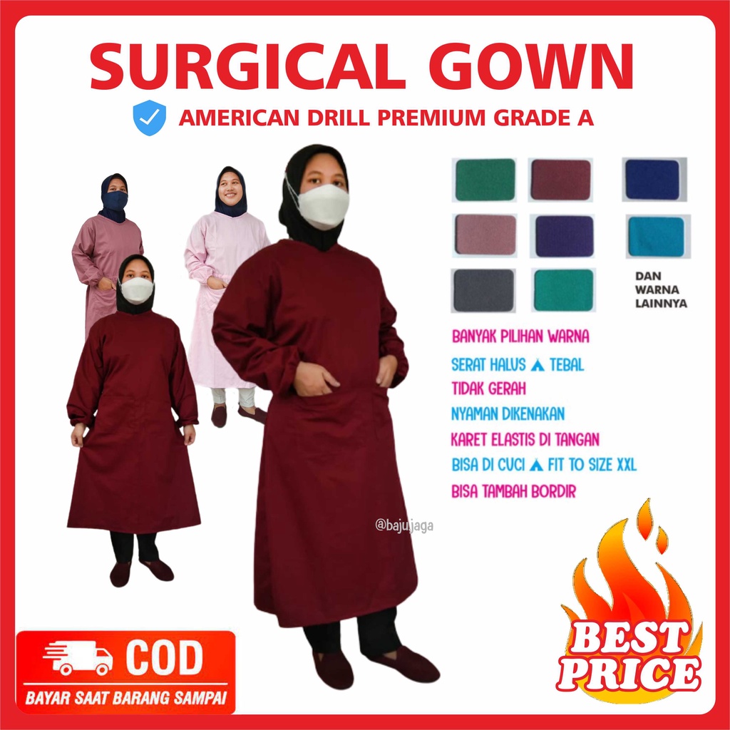 APD gown gaun DRILL OK Gown Surgical Apron Bedah  MERAH MARUN Seragam Perawat Jubah OK Drill Terlari