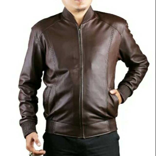 Jaket kulit domba asli model bomber kerah kamsay