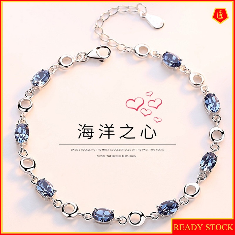 [Ready Stock]Inlaid Sea Blue Topaz S925 Silver Bracelet Female