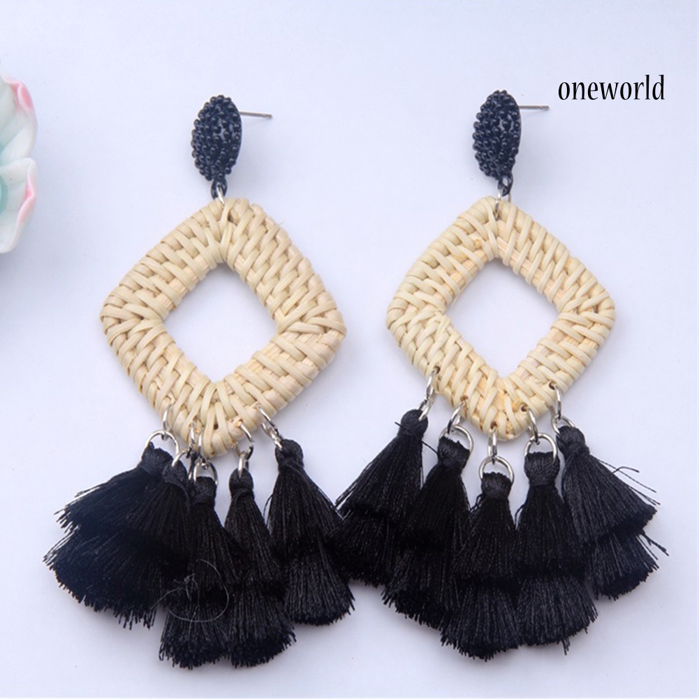 OW@ Boho Women Hollow Rhombus Rattan Woven Tassel Statement Dangle Stud Earrings