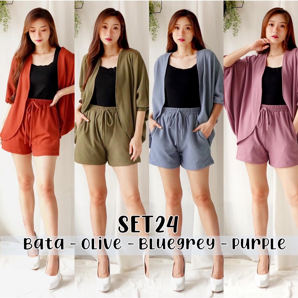 Setelan Outer/Cardigan Knit Celana Pendek Wanita Polos