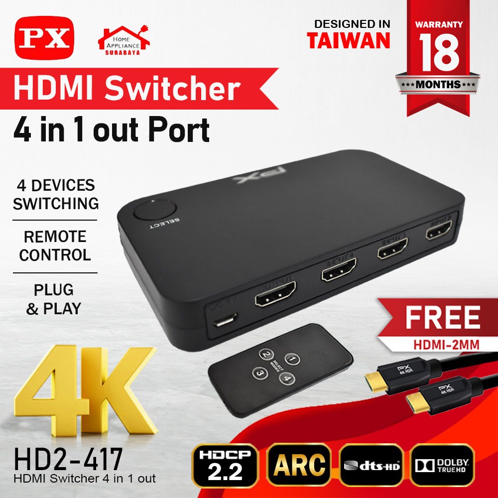 HDMI Switcher 4 Port 4K 3D Full HD PX HD2-417 + Remote Control