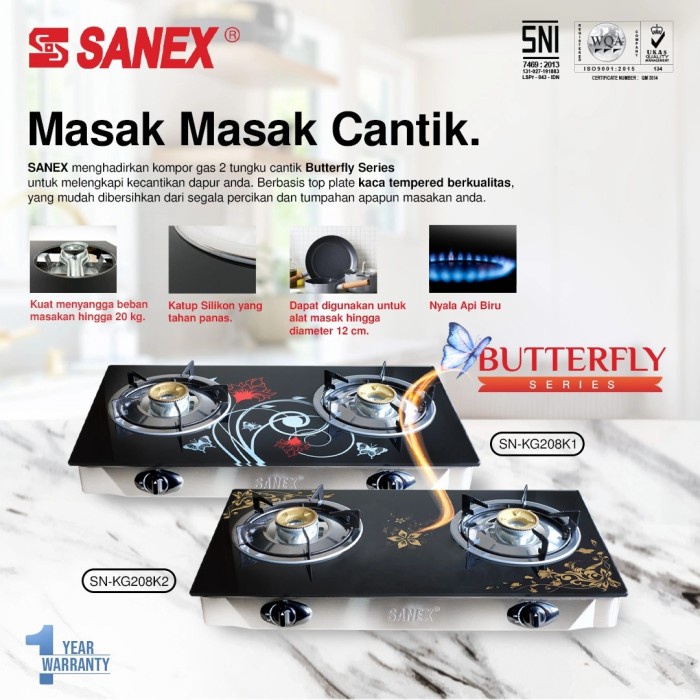 Sanex  SN KG208 K1/ K2 Kompor Gas Kaca 2 Tungku Butterfly Series Motif Bunga