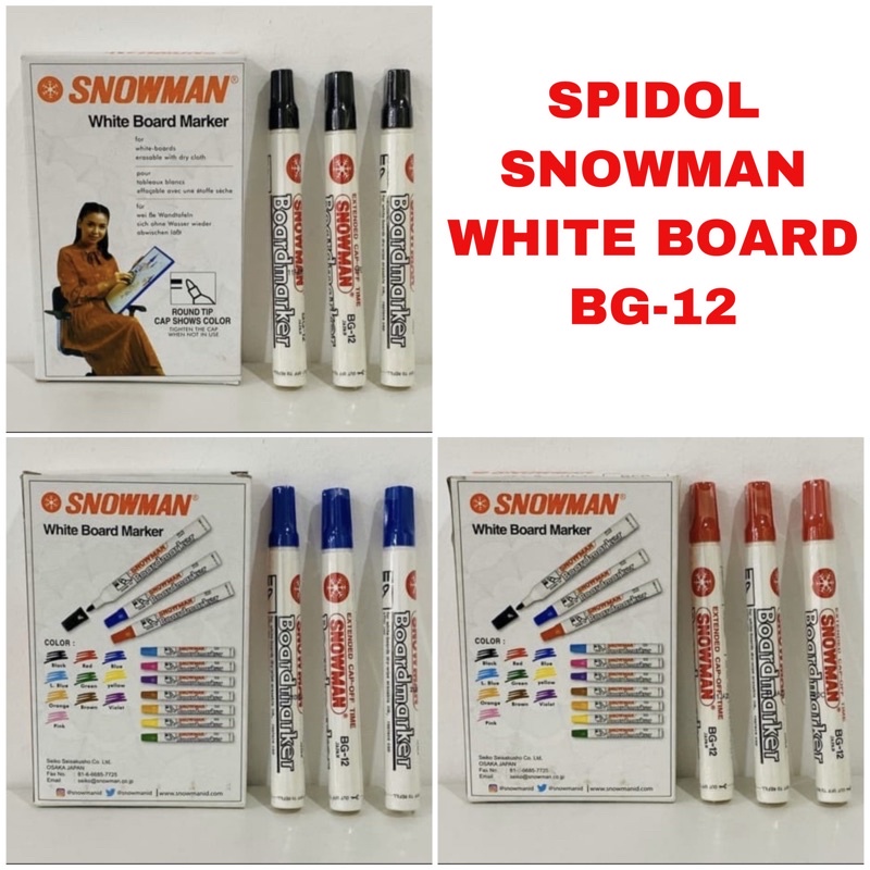 

SPIDOL SNOWMAN WHITE BOARD MARKER NO.BG-12 ( HITAM , BIRU , MERAH ) / 1 BOX ISI 12 PCS