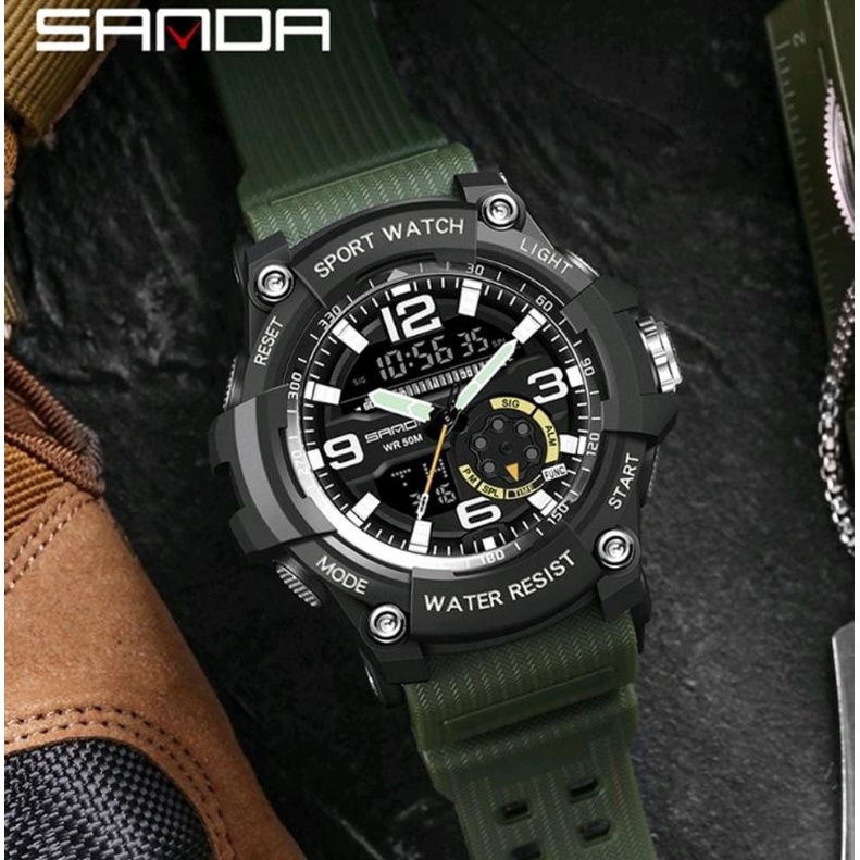 Jam Tangan SANDA 3036 Jam Tangan Pria Digital Analog Tali Rubber Shockproof Anti Air