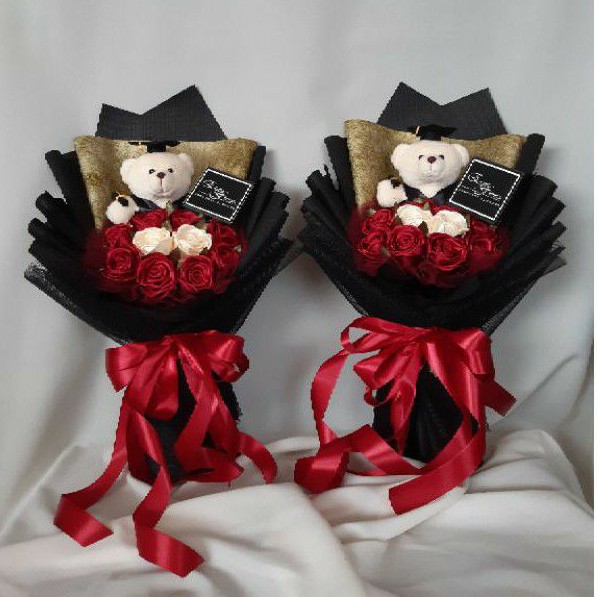 ( PO 1 HARI ) buket bunga wisuda / buket boneka wisuda - bunga pita satin