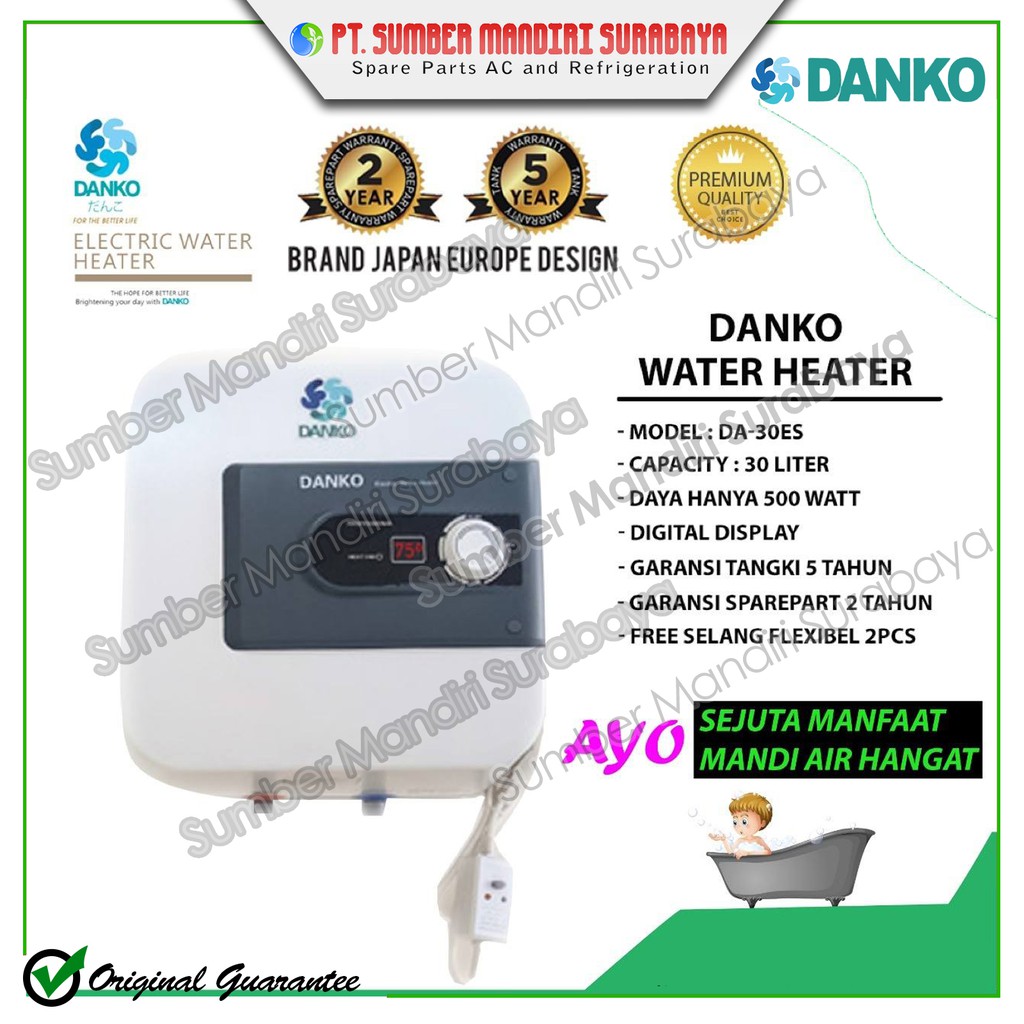 Danko DA30-ES Water Heater 30 Liter Putih - Pemanas Air Elektrik dengan Garansi 5 Tahun Tangki