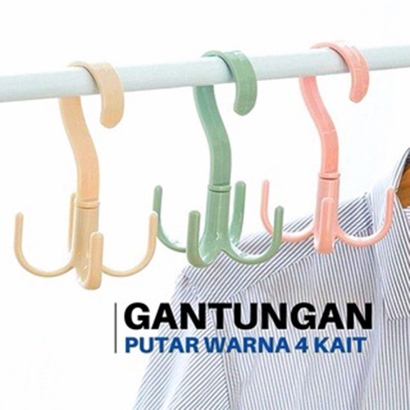 Gantungan 4 Kait Serbaguna Gantungan Putar 360 / Derajat Hanger Lemari Pakaian Sepatu Tas Hook 4 Kait