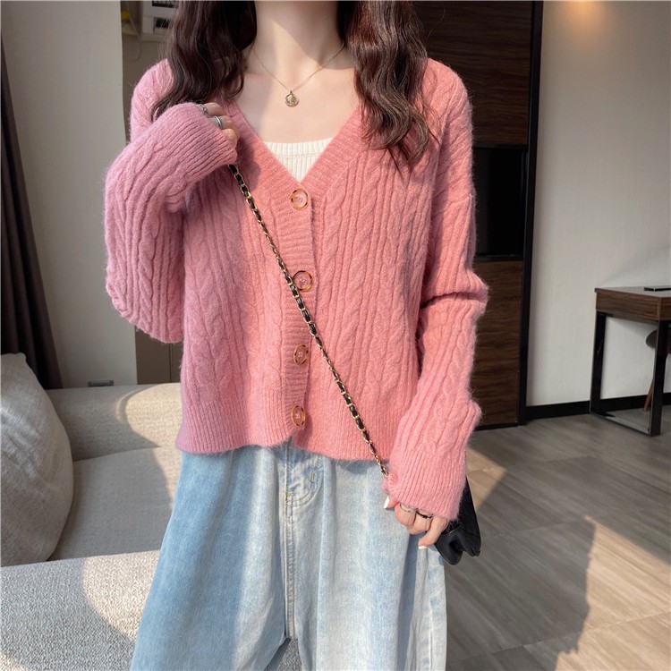 [AIYAYA]Jaket Sweater Kardigan Wanita Atasan Lengan Panjang Kerah V Korea