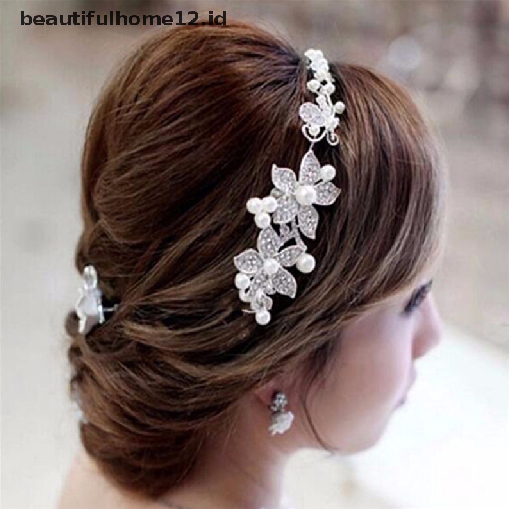 【beautifulhome12.id】 New Crystal Rhinestone Pearl Headband Silver Wedding Party Tiara Bridal Hairclip .