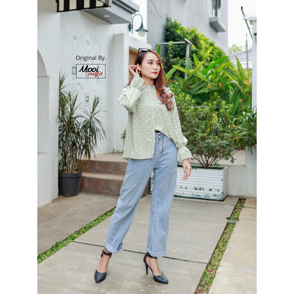 Kemeja Wanita Jumbo Ld 130 Crinkle Motif Polkadot Lengan Panjang