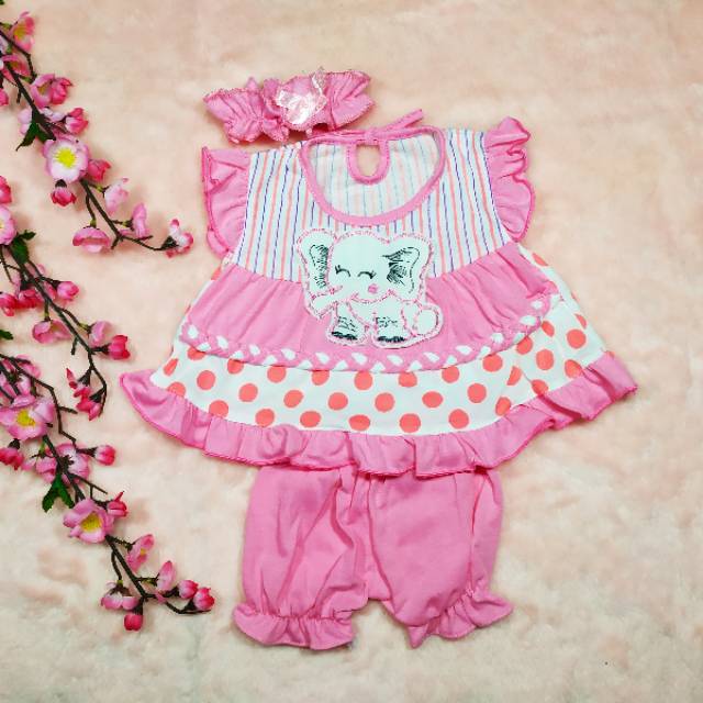 Setelan Baju Bayi 0-9bulan / gratis Bando / Baju Anak Bayi Perempuan Bahan Kaus Set