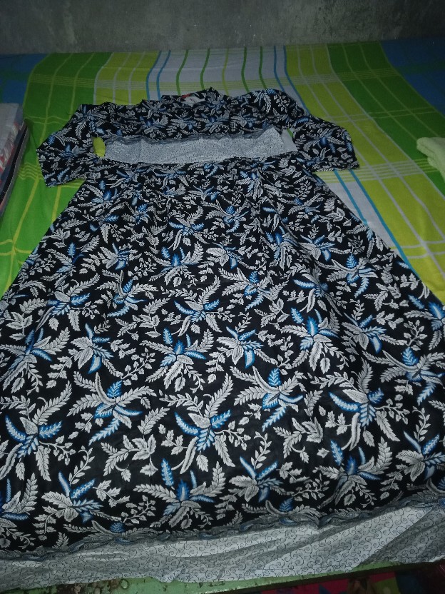 Baju Batik Couple Gamis Jumbo Murah Pasangan Modern Muslim | Klyn - 005 Cg Blarak Biru Nirmala