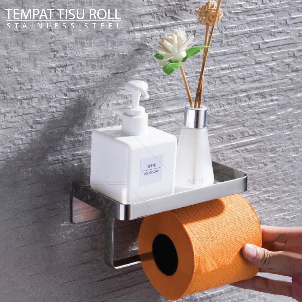 SUS304 Tempat Tisu Gulung Roll Tissue Tembok Dinding Minimalist Kamar Mandi Toilet Tatakan HP Sabun Simple Stainless Steel