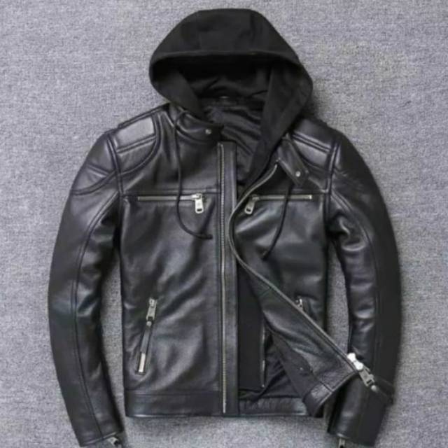 Jaket Kulit PU hitam pria bahan harley