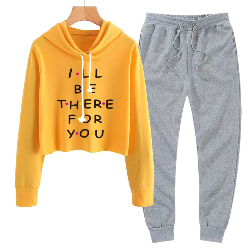 BESS - Baju Setelan Wanita Murah / Setelan Hoodie Crop + Jogger Abu - I BE THERE