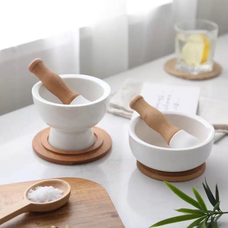 cobek keramik handle bambu / mortar pestle ceramic bamboo handle / ulekan tumbukan serbaguna bumbu dapur obat apotek