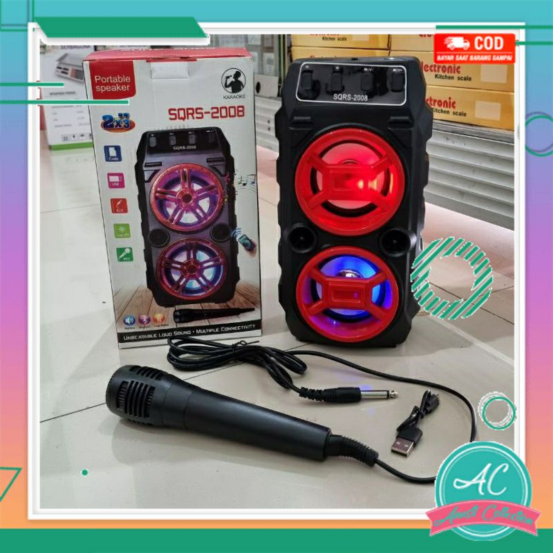 Speaker bluetooth karaoke bonus mic double super bass SQRS wireless bisa usb flashdisk microsd double spiker Subwoofer